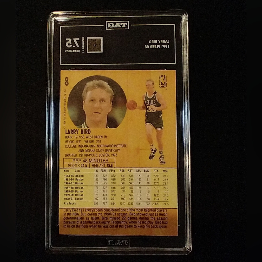 1991 Fleer #8 Larry Bird Boston Celtics TAG 7.5 NM/MT+ Trading Card - Picture 2 of 2